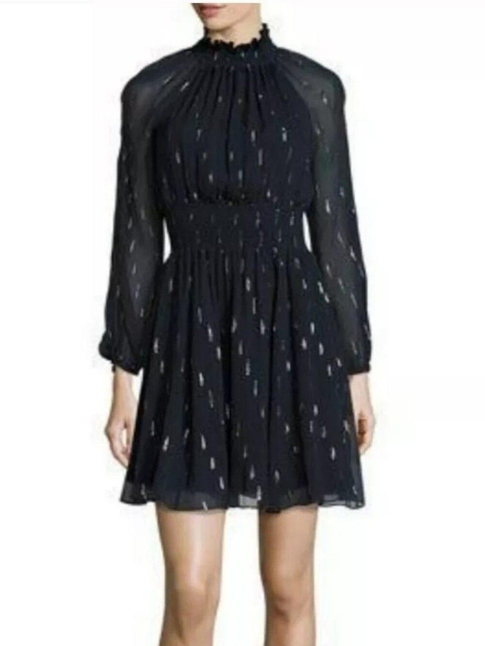 REBECCA TAYLOR Navy Blue & Silver/Copper Metallic Smocked Chiffon Dress | SZ 6